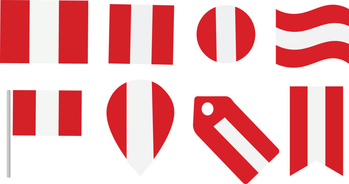 Peru Flag Vector Icon Set with National Flag of Peru in Various Shapes like Round, Square, Waving, Pin Map, Tag, and Ribbon Isolated on White Background for Design Elements