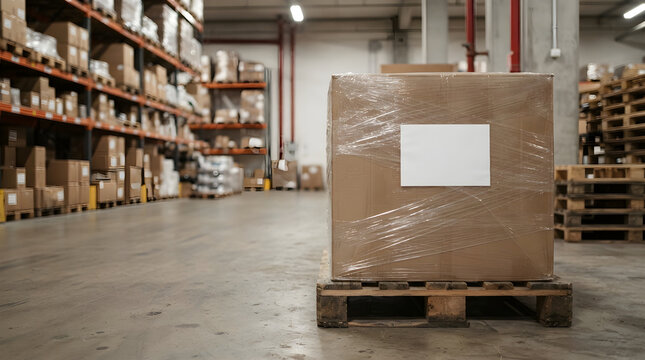 Cardboard Box on Pallet in Warehouse Interior Product Placement Plastic