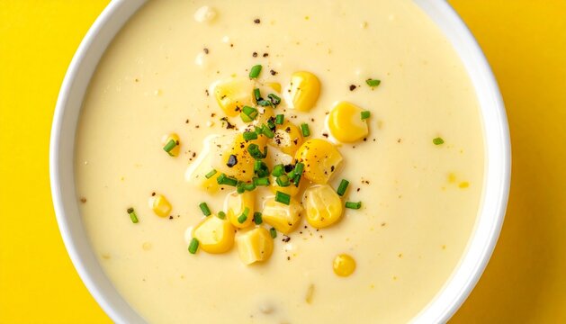 Top View of Creamy Corn Chowder with Chives on Vibrant Yellow Background