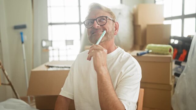 Man holding a pen to his chin amid stacked moving boxes in a building storage area; thoughtful planning.