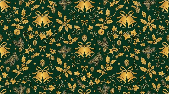 Elegant gold christmas bells and holly pattern on green background