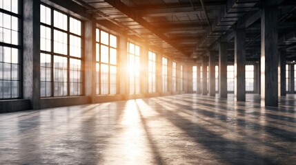Obraz premium Spacious industrial loft interior with large windows casting dramatic sunbeam shadows on concrete floor