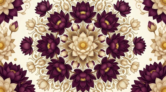 Elegant lotus flower mandala pattern in purple and cream