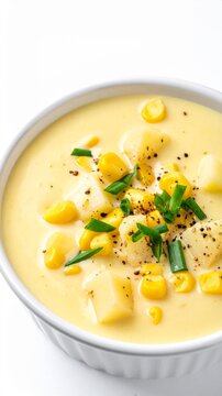 Creamy Corn and Potato Chowder Soup with Green Onions in White Bowl