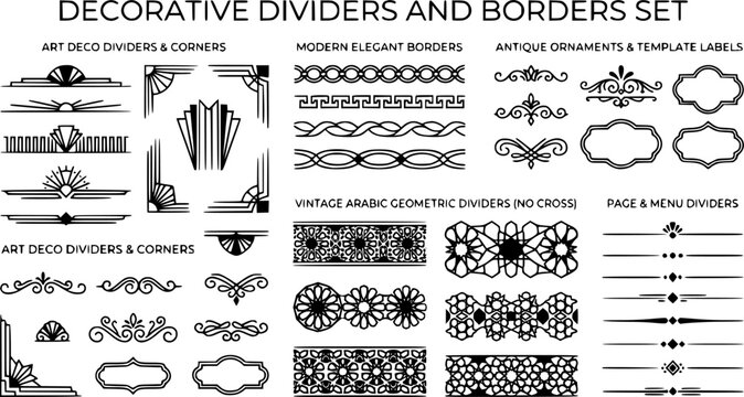 Art deco divider. Modern elegant border, decorative antique ornament. Vintage arabic geometric dividers isolated icons elements set. Illustration border menu divider, template label page