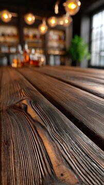 Close up shot of a rustic wooden tabletop in a bar with liquor bottles and glowing lights in the background