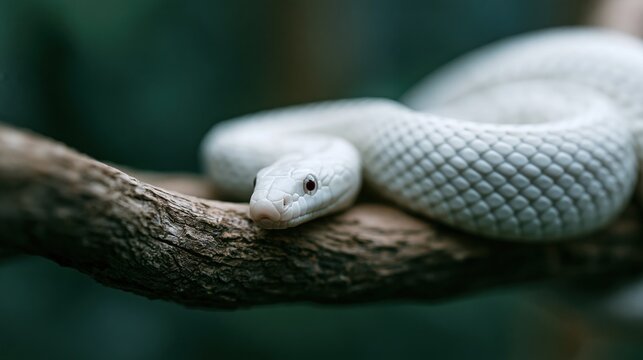 Close-up of a striking white snake coiled on a tree branch with a dark, blurry forest background