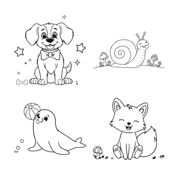 Cute cartoon animals coloring page set vector illustration: puppy dog wearing bowtie, slow snail near mushrooms, playful seal with ball, and cute little fox. Outline line art collection for kids.