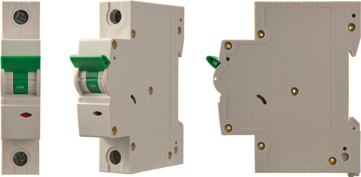 set of electrical circuit breakers isolated white background, plastic housing with green switch and metal terminal screws in different angles