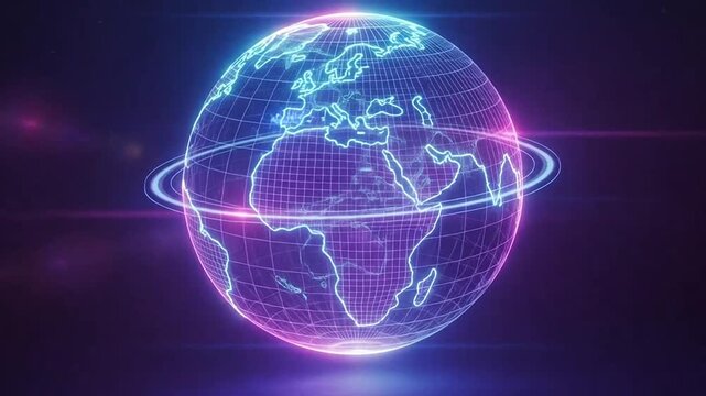 Futuristic glowing digital Earth globe with a neon wireframe grid and orbiting ring, representing global technology, data, and internet connectivity.
