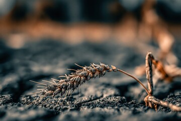 Obraz premium Close-up of a single dry wheat stalk resting on cracked earth, symbolizing harvest and agriculture