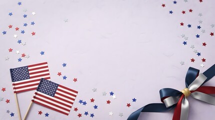 Fototapeta premium Labor day celebration american flags and patriotic decor on white wood background