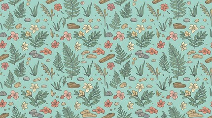 Hand drawn botanical seamless pattern with ferns flowers and stones