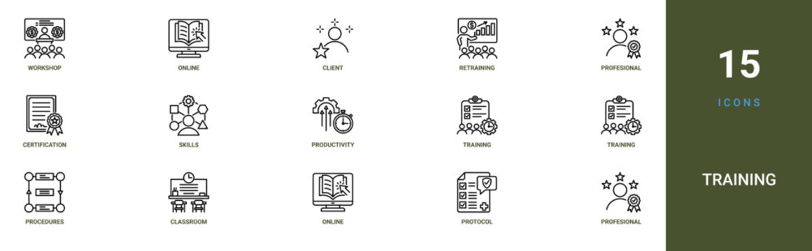 Set of 15 outline web Training icons such as profesional, protocol, online resource, classroom, procedures, training program, training program vector icons for report, presentation, diagram, web