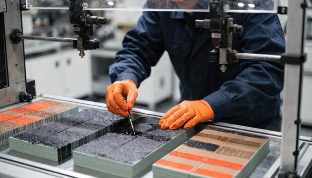 Operator applying multiple layers of electrode inks onto ceramic green tapes showcasing detailed alignment and layering in an advanced manufacturing setting.