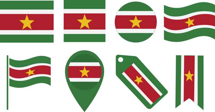 Suriname Flag Vector Icon Set with National Flag of Suriname in Various Shapes like Round, Square, Waving, Pin Map, Tag, and Ribbon Isolated on White Background for Design Elements