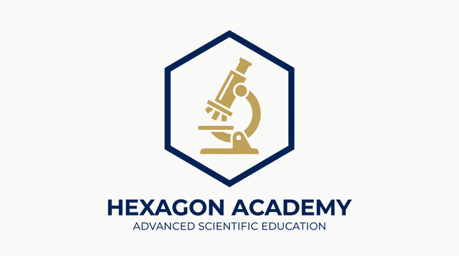 A logo of Hexagon Academy featuring a microscope within a hexagon shape