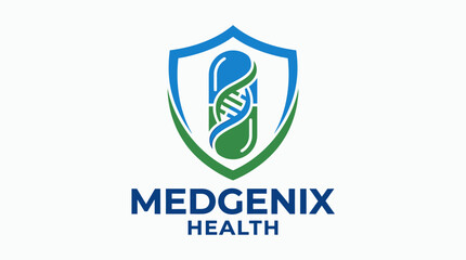 Naklejka premium A logo showcases a shield with a DNA helix and green leaves, symbolizing health and technology for Medgenix Health.