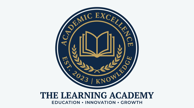 A logo of a learning academy with a circular emblem featuring a laurel wreath and a book is displayed prominently on a blue background.