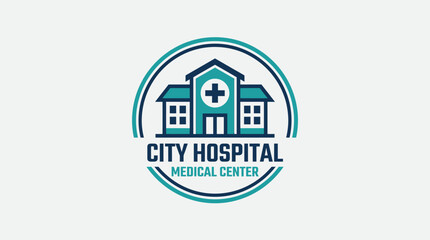 Fototapeta premium A medical logo of City Hospital Medical Center features a blue building with a cross.