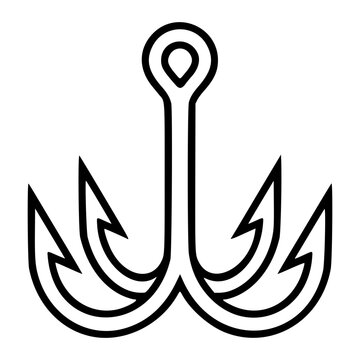 Grappling Hook Icon Vector Illustration. Minimalist black line art hook with four prongs, nautical marine equipment symbol, climbing gear outline design isolated on white background for logo design.