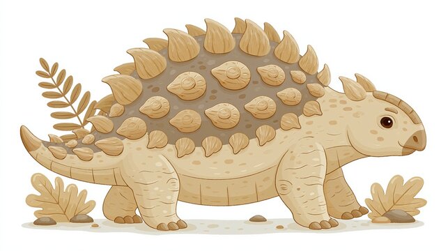 Cute cartoon ankylosaurus dinosaur with armored plates, walking in a prehistoric landscape with plants