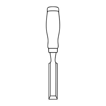 Sharp Wood Chisel Vector Icon Front View. Hand-drawn line art illustration of carpentry tool with wooden handle and metal blade. Minimalist outline design for woodworking and construction. Scalable