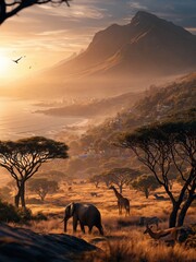Obraz premium Golden Hour Safari Landscape with Elephants, Giraffes, Zebras, and Gazelles in African Savannah