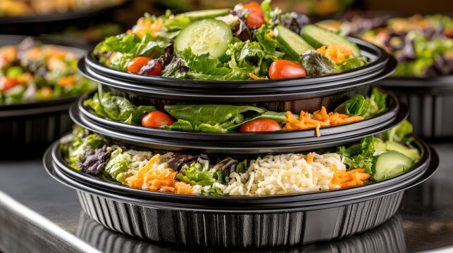 Three stacked plastic salad bowls with greens and vegetables on a metal counter in natural light