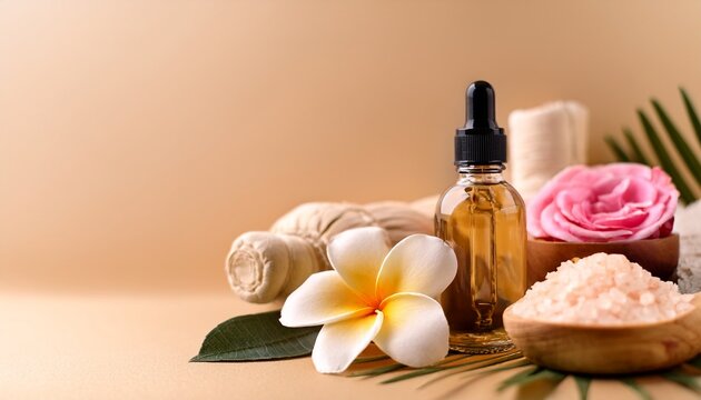 Holistic Skin Care Still Life Composition Essential Oil Bottle Salt Scrab Rosef And Rangipani Flower On Beige Background Spa And Auyrveda Beauty Centre