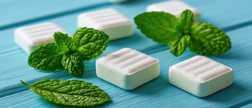 Arrangement of white chewing gum pieces and mint leaves on a blue wooden table with soft lighting