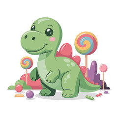 Fototapeta premium Cute green dinosaur standing surrounded by colorful swirly lollipops and candy treats in a playful and whimsical childrens