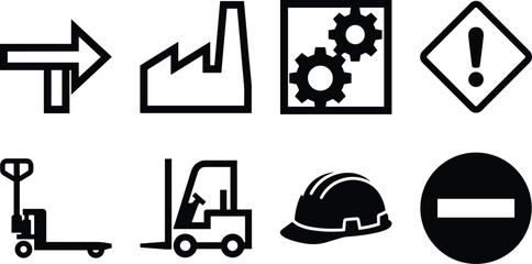 Fototapeta premium Industrial and warehouse logistics icon set featuring machinery, safety gear, and warning signs