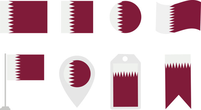 Qatar Flag Vector Icon Set with National Flag of Qatar in Various Shapes like Round, Square, Waving, Pin Map, Tag, and Ribbon Isolated on White Background for Design Elements