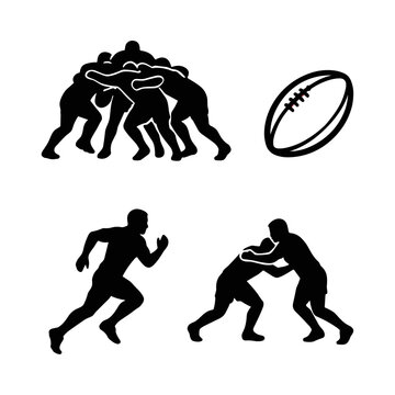 Set of black silhouettes representing rugby players in action and a rugby ball.