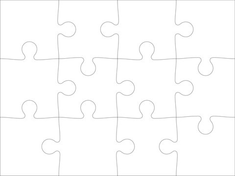 Detailed various shapes puzzle grid overlay. Jigsaw puzzle blank template. 4x3 shapes, 12 pieces. Separate matching puzzle elements. Vector png