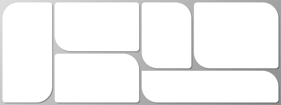 White bento grid horizontal moodboard design mockup with shadows isolated on grey background. Photo mosaic collage gallery template. Album portfolio brandboard. Mood board overlay bg. Vector illustrat