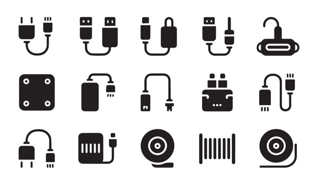 Multimedia accessory icons and cable management symbols featuring adapter plugs and wire spool silhouettes set.