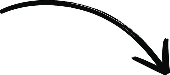 Hand drawn grunge arrow pointing down with a rightward curve isolated on transparent background. © The king of vectors