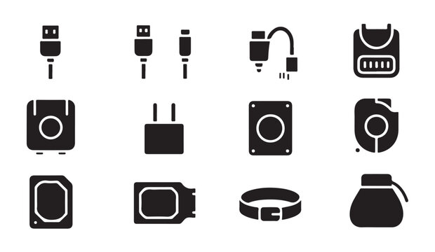 Electronic connector and data transfer cables solid icon set for computer hardware and mobile device charging.