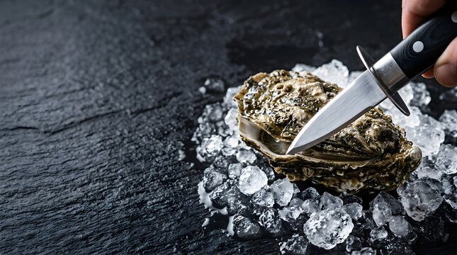Hand shucking a fresh raw oyster with a metal knife on ice on black slate