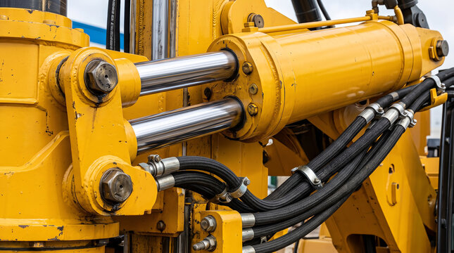 Powerful yellow construction machinery with hydraulic cylinders and hoses closeup.