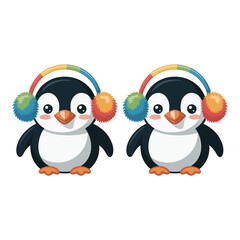 Fototapeta premium Two cute penguin friends wearing matching colorful rainbow earmuffs standing together for winter holiday greeting card and children