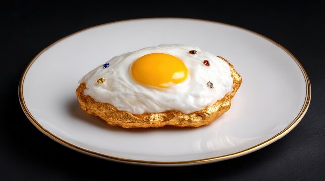 A luxurious fried egg with a golden crust and decorative jewels on a white plate against a black background.