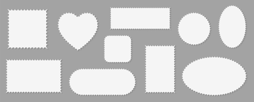 Pack of scalloped white postage frames isolated. Outline border template. Simple minimalist label text box. Blank scallop edge stamp mockup. Vector illustration