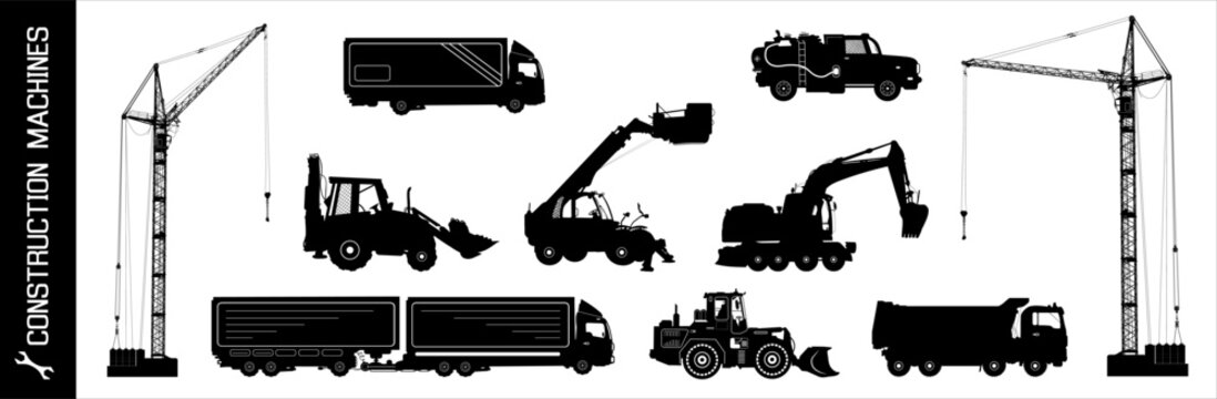 Detailed silhouettes of construction machines pack isolated on transparent bg. Construction equipment: trucks, excavators, bulldozer, elevator, cranes. Vector PNG
