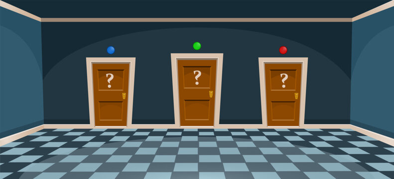 Cartoon secret door concept. Choose a door. Empty room with three door in blue style. Quiz post. Vector illustration