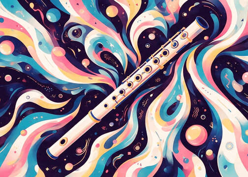 A stylized, graphic, and psychedelic illustration showcasing a minimalist flute positioned diagonally from upper left to lower right