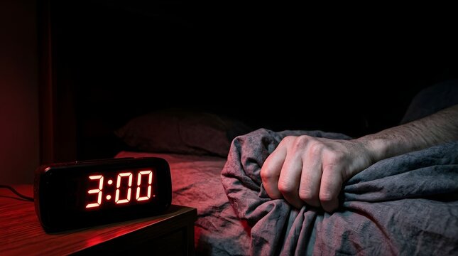 Man awake in bed at 3 AM looking at a digital clock in a dark bedroom