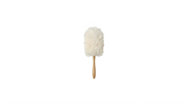 Soft fluffy feather duster with wooden handle on transparent background